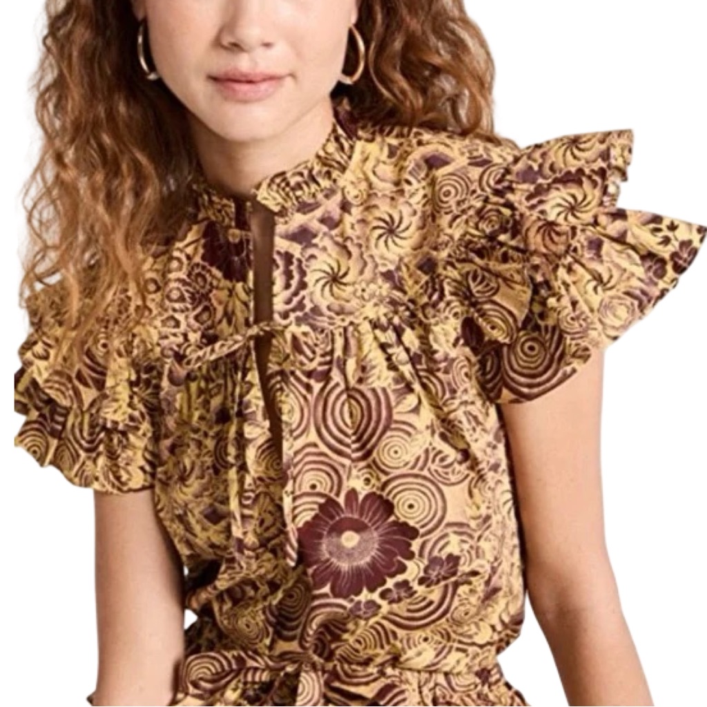 $276 Ulla Johnson Letty Ruffled Printed Cotton-Poplin Top Sz 00 Yellow